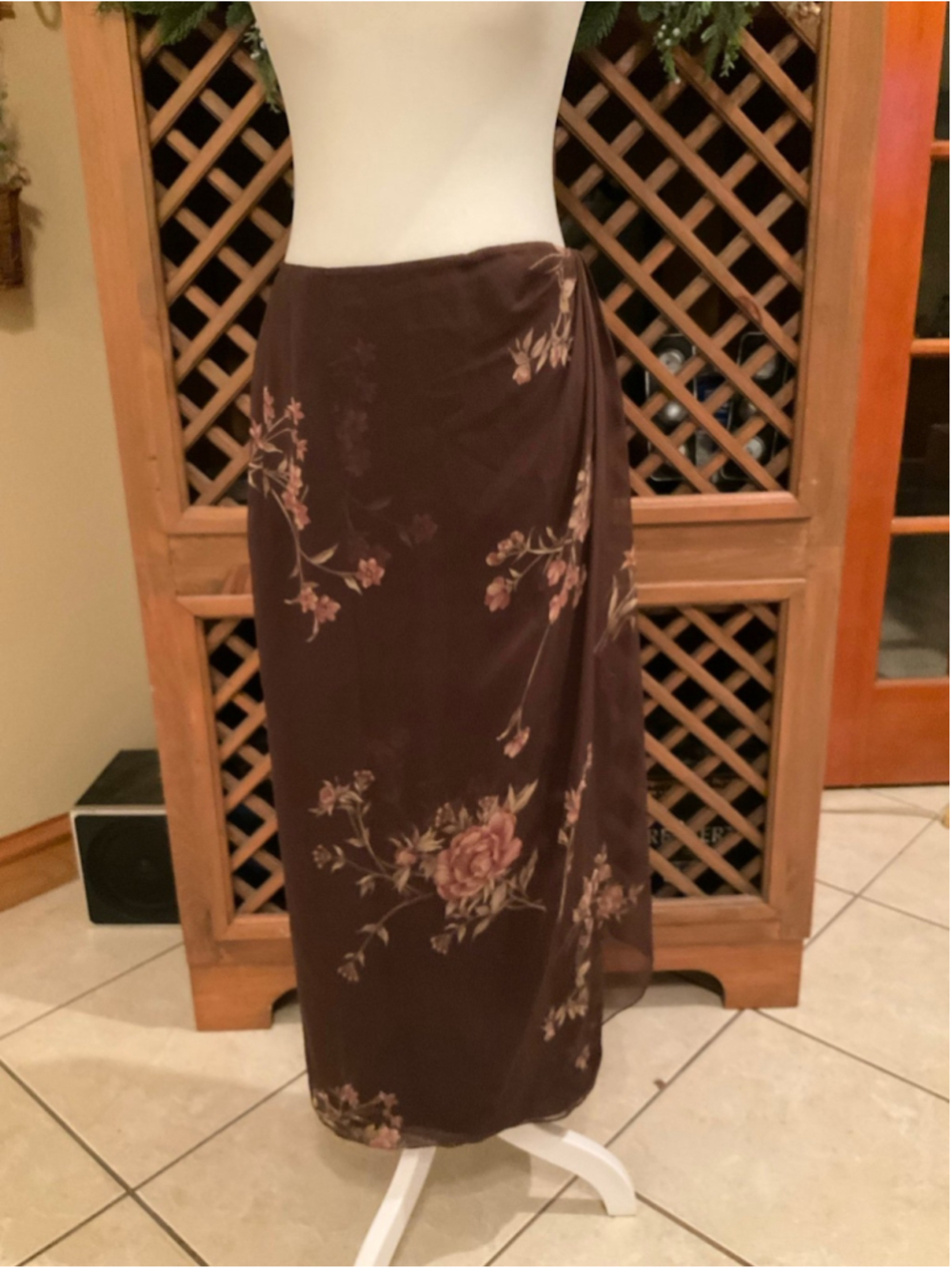 Vintage Emanuel Ungaro Silk Brown Floral Wrap Midi Skirt Small